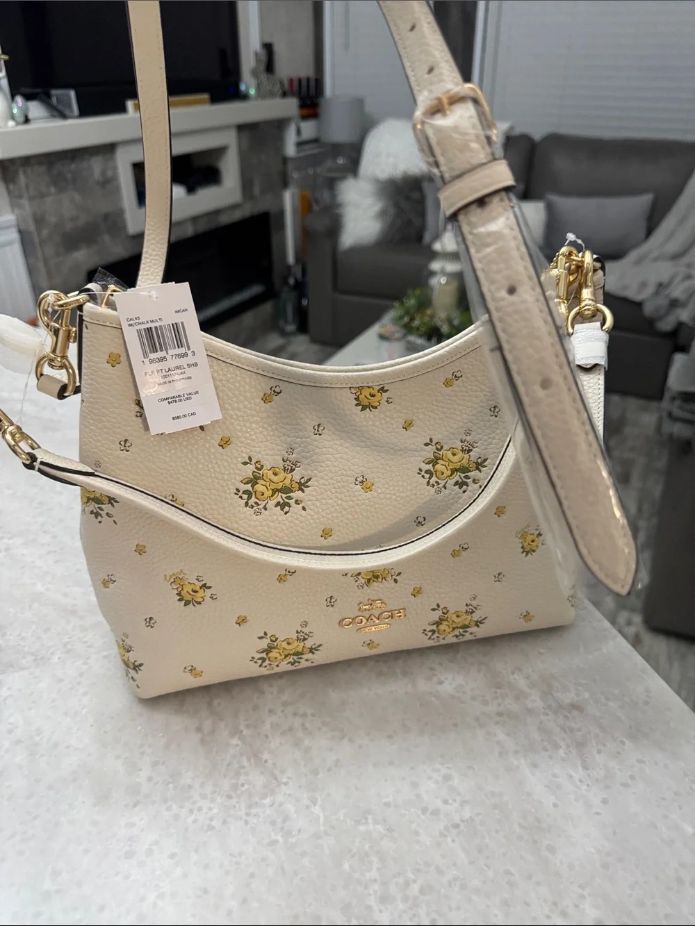 Coach Cream Crossbody with Yellow Floral Print and Gold Hardware